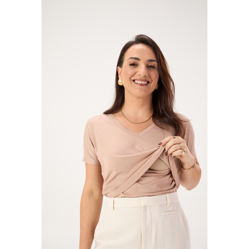 BLUSA DE AMAMENTAÇÃO GOLA V NUDE em Oferta na Shopee
