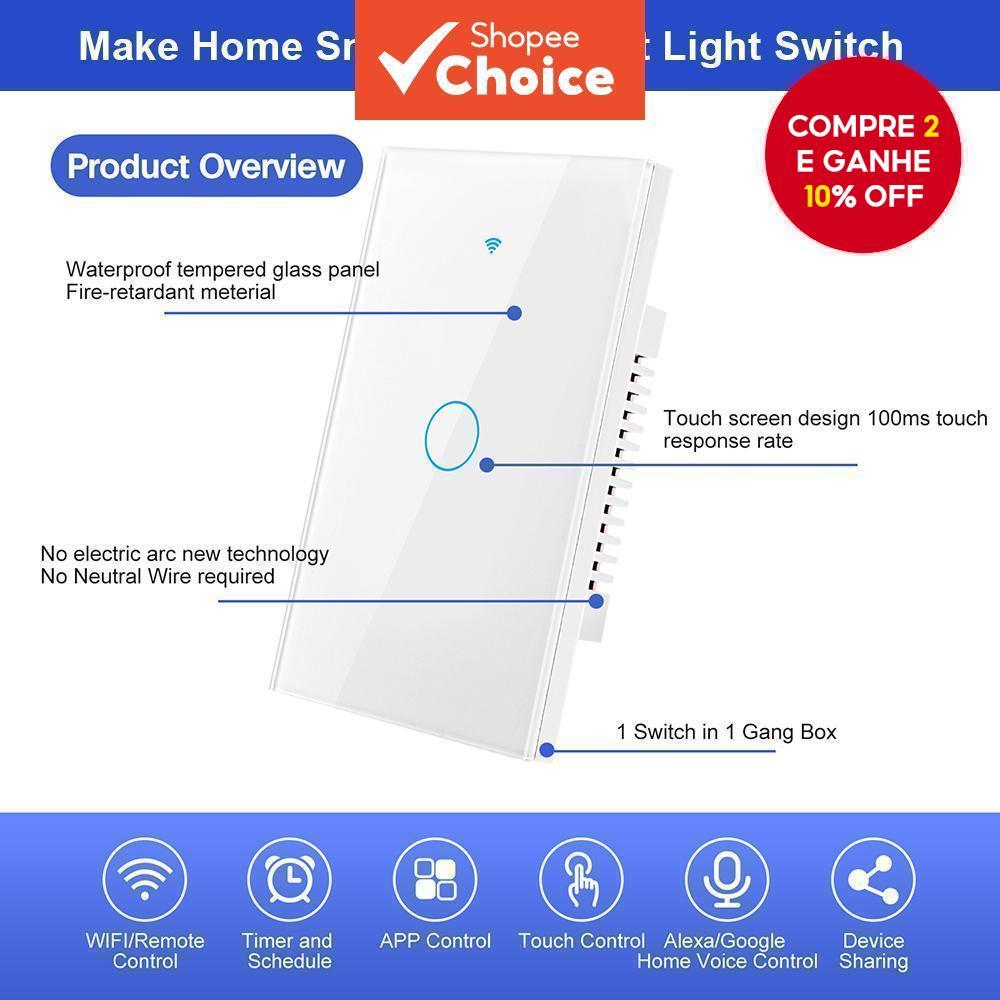 Smartyuns Trabalha com Tuya Smart Life Interruptores de Luz LED Sem Fio com Controle Remoto na Parede, Sensor de Toque e