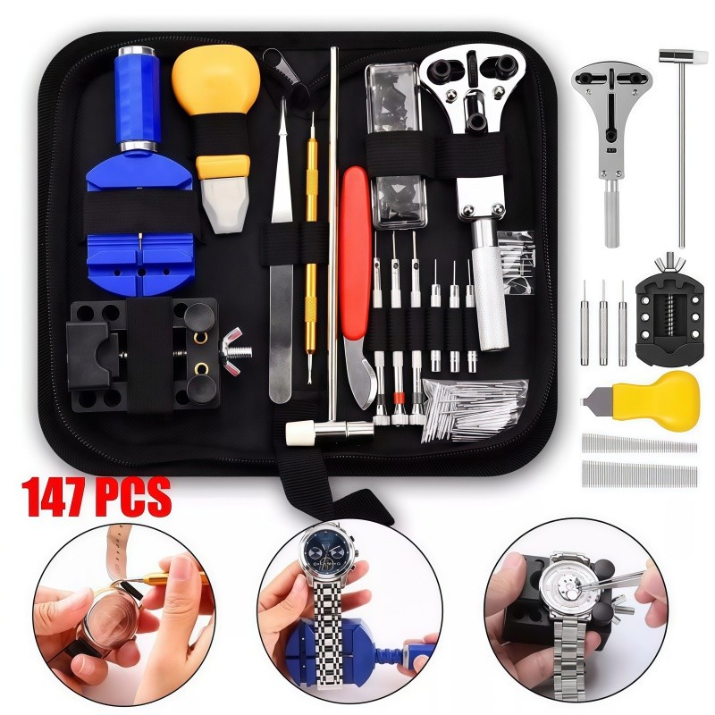Kit de ferramentas para reparo de relógios (147 peças) - Kit de reparo profissional com bolsa de armazenamento