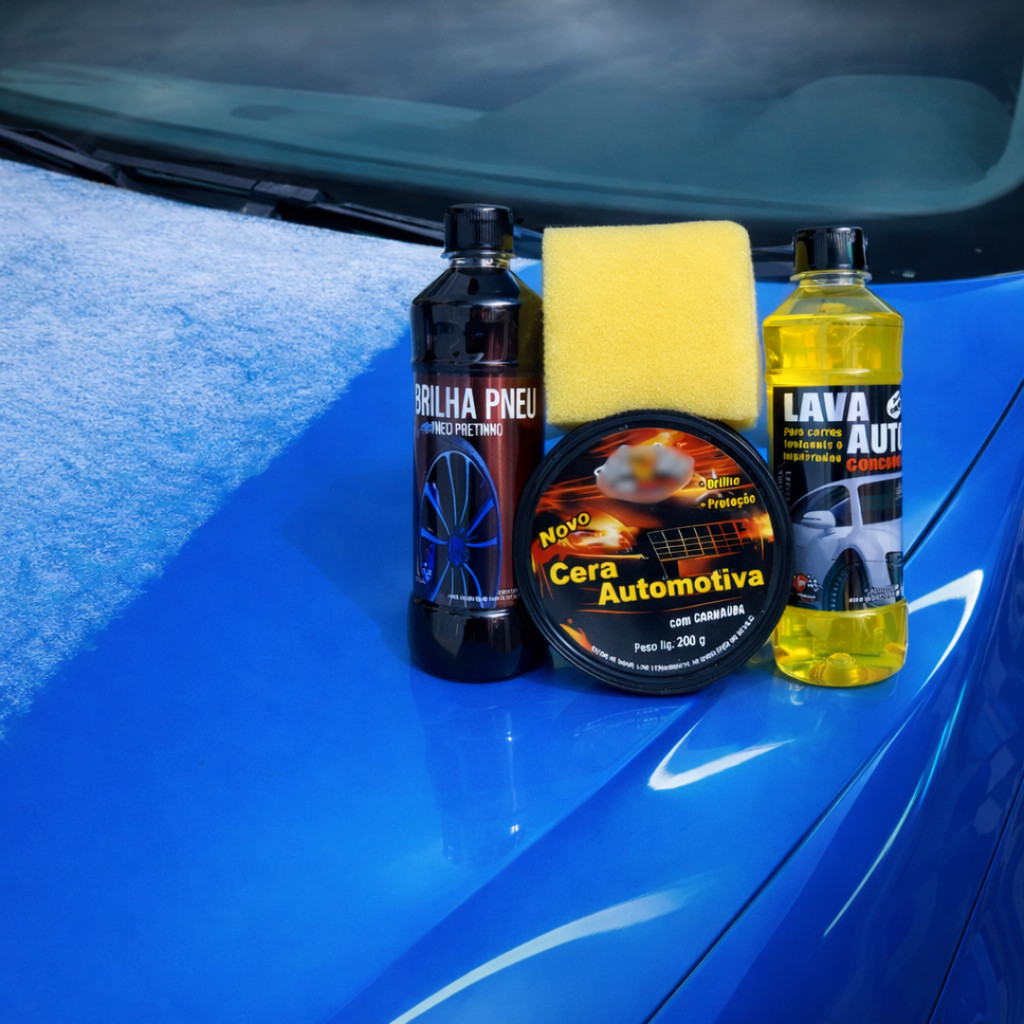 Combo 4 em 1 Cera Espelhamento Pretinho Pneu Cerâmico Shampoo Automotivo Esponja Proteção Sol Chuva em Oferta na Shopee
