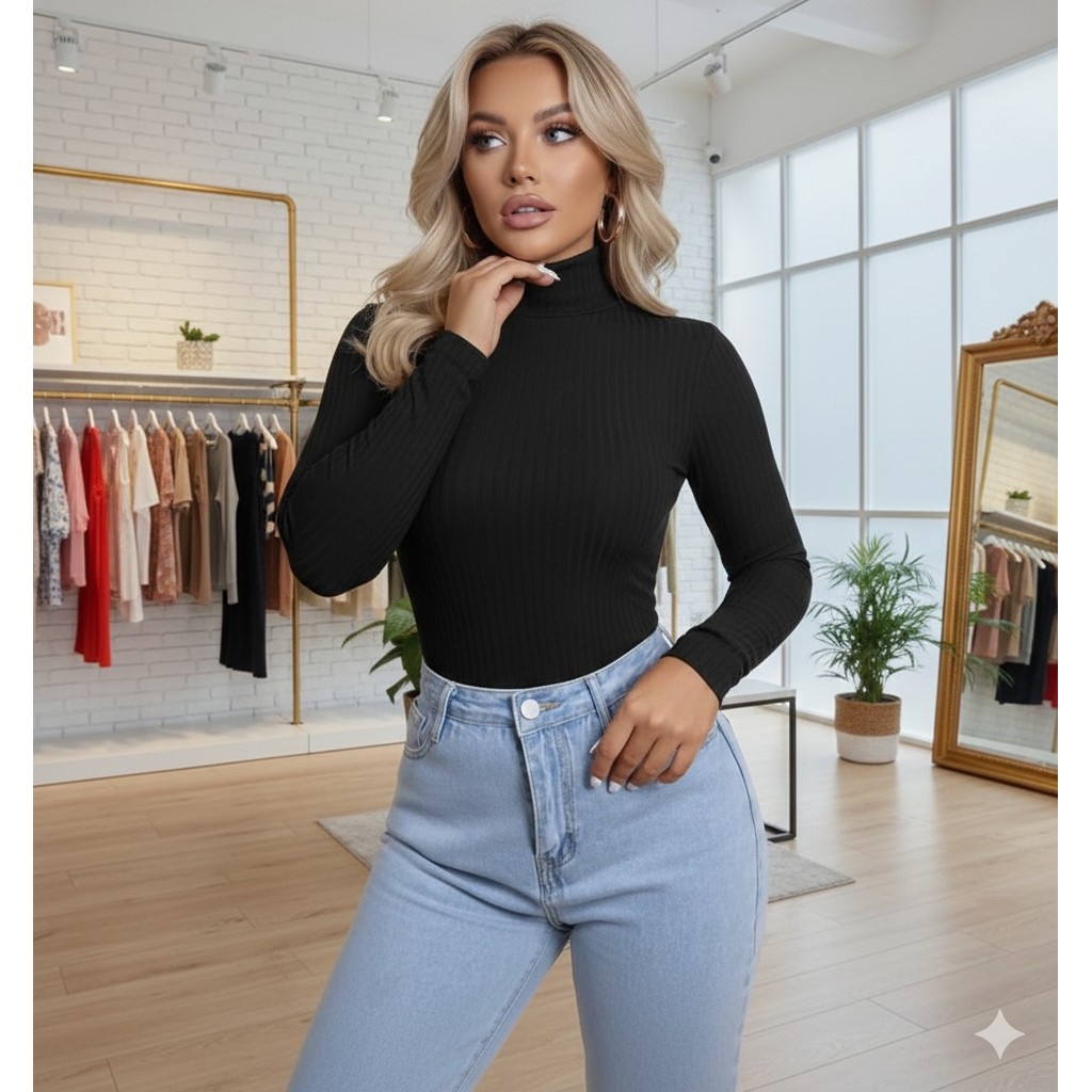 blusa feminina canelada confortável gola alta manga longa top versátil