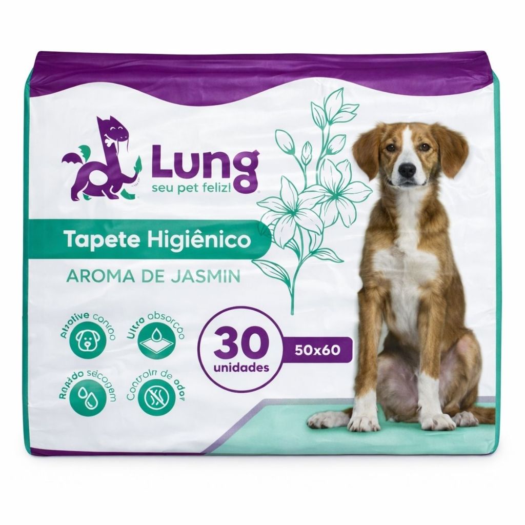Tapete Higiênico 50x60cm 30Un Aroma Jasmim p/ Cachorro Pet Gel Absorvente Borda Cola Econômico Lung