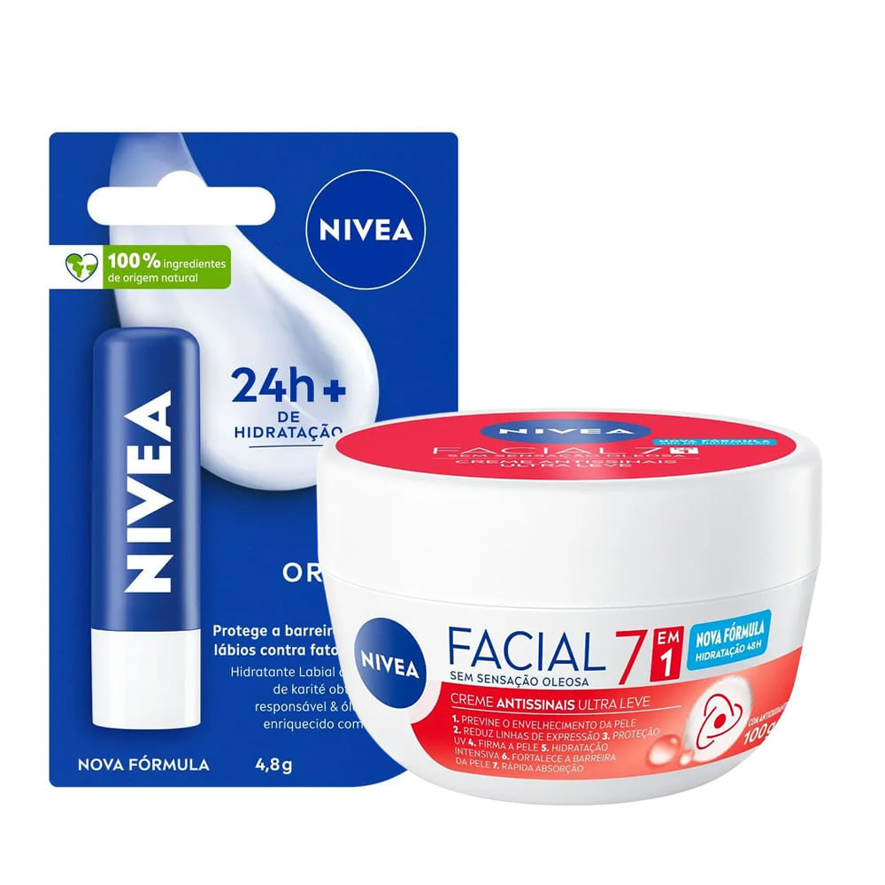 Kit Nivea Hidratante Labial Original Care 4,8g + Hidratante Facial Antissinais 7 em 1 100g