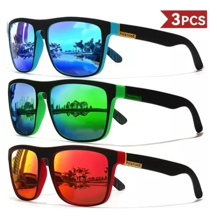 Óculos de Sol Retrô Kit 3 Peças Polarizado | Armação Grande Lente Oceano | Azul Verde Vermelho Preto Azul Vermelho