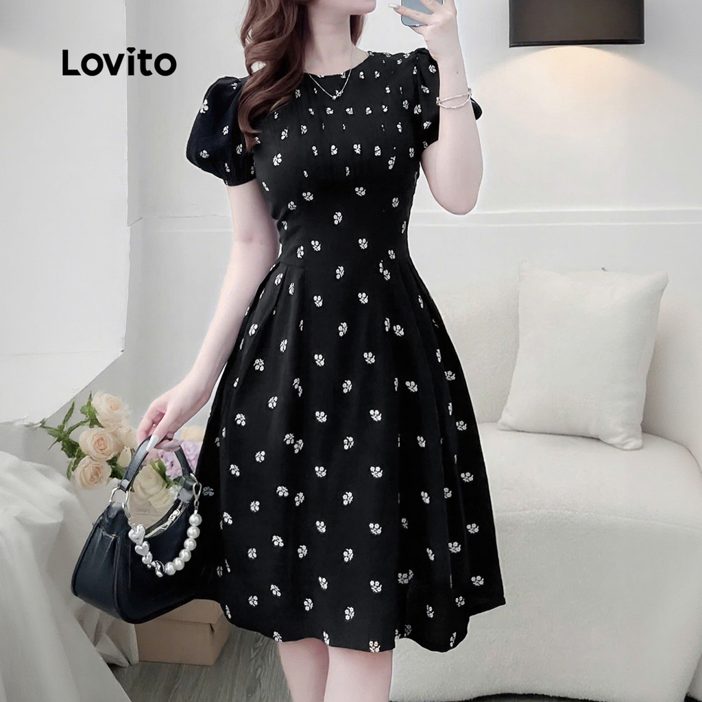 Lovito Vestido Preto Feminino Primavera/verão Casual com Bom caimento LK2LD358