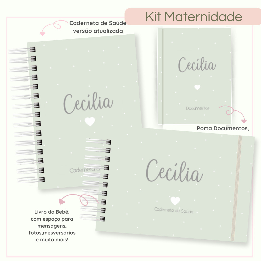 Kit Caderneta de Vacinação e Saúde + Livro do Bebê + Porta documentos Clean Personalizado com nome