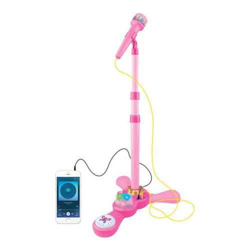 Microfone Infantil Com Pedestal Luz E Conexão Smartphone Diversão Musical Rosa Kids