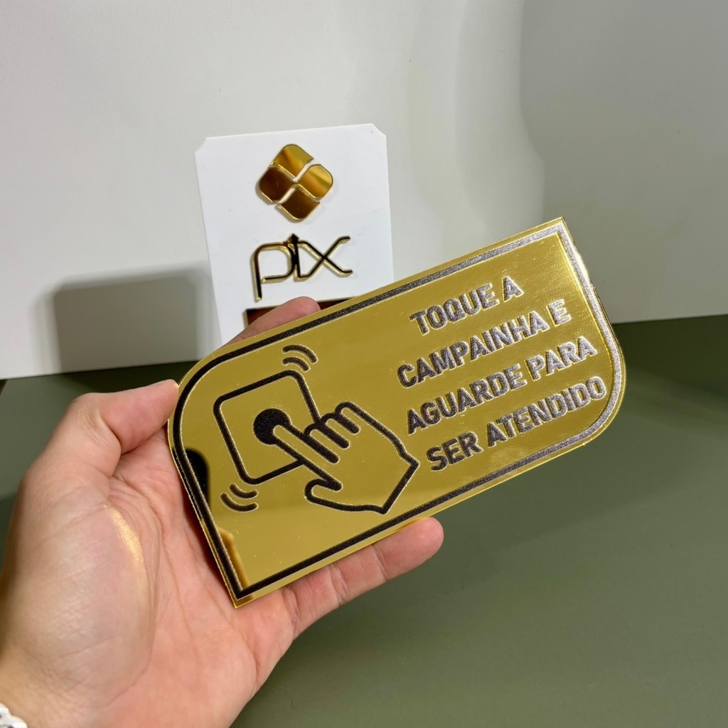 Kit Display Pix + Campainha Acrílico Espelhado Premium - Placa De Pagamento De Luxo
