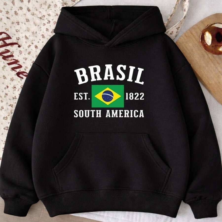 Moletom Canguru Estampa Brasil Est 1822 1003 Copa do Mundo Futebol Jogos Blusa de Frio Inverno