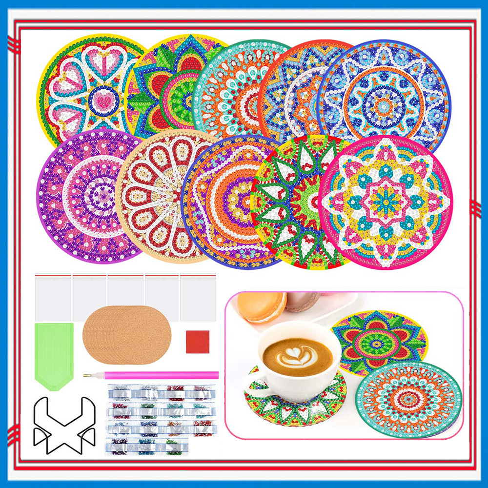 Porta-copos estilo Mandala de 10 peças, Kit de pintura de arte com diamante DIY com suporte