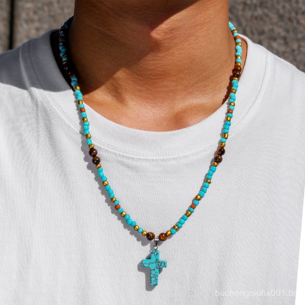 Boho Turquesa Olho De Tigre Pedra Frisado Colar Para Mulheres Cruz Cristã Pingente Longo Corrente Masculino Religião Ora
