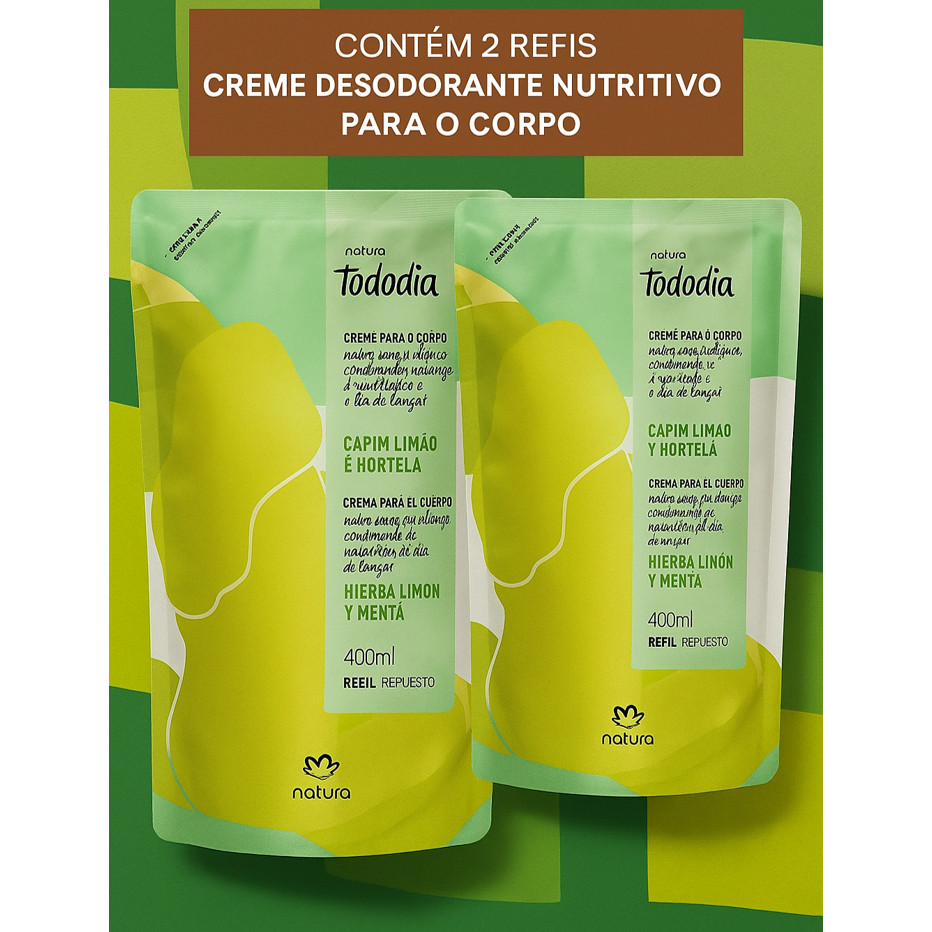 Kit Econômico com 2 Refis Creme Nutritivo Corporal Tododia Capim Limão e Hortelã Natura