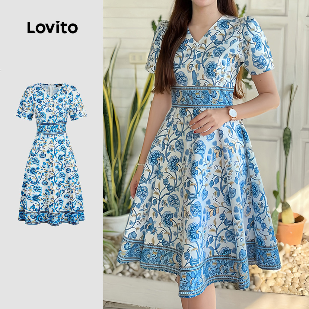 Lovito  Vestido Boho Plissado Azul Primavera/verão para Mulheres L171ED465 em Oferta na Shopee