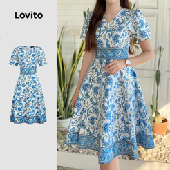 Lovito Férias Vestido Plissado Azul Primavera/verão para Mulheres L171ED465