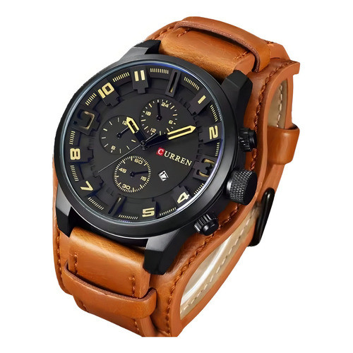 Relógio Curren 8225 Social Luxo Esportivo Top Couro Luxuoso Correia Marrom-claro Bisel Preto Fundo Preto