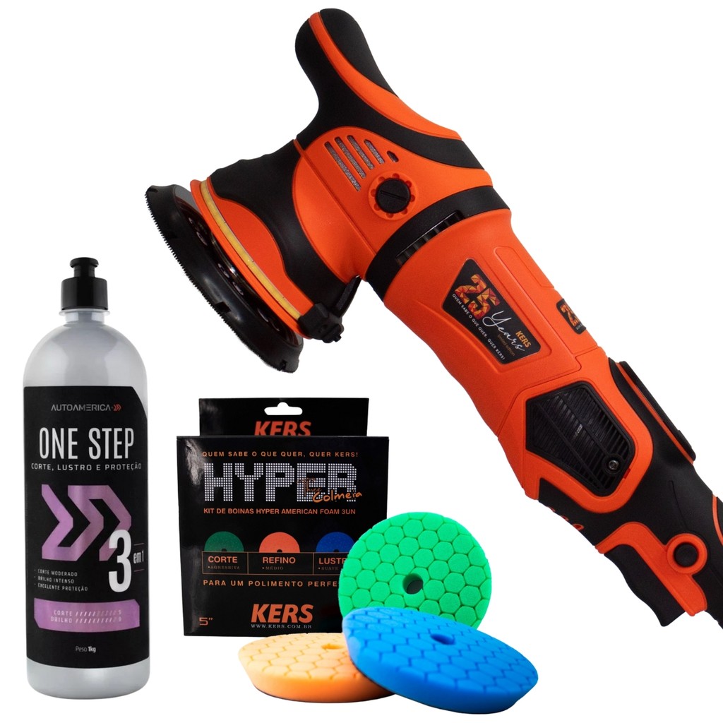 Kit Polimento Profissional Kers 25 Years 1000W + Boinas Hyper Three + One Step 3 em 1