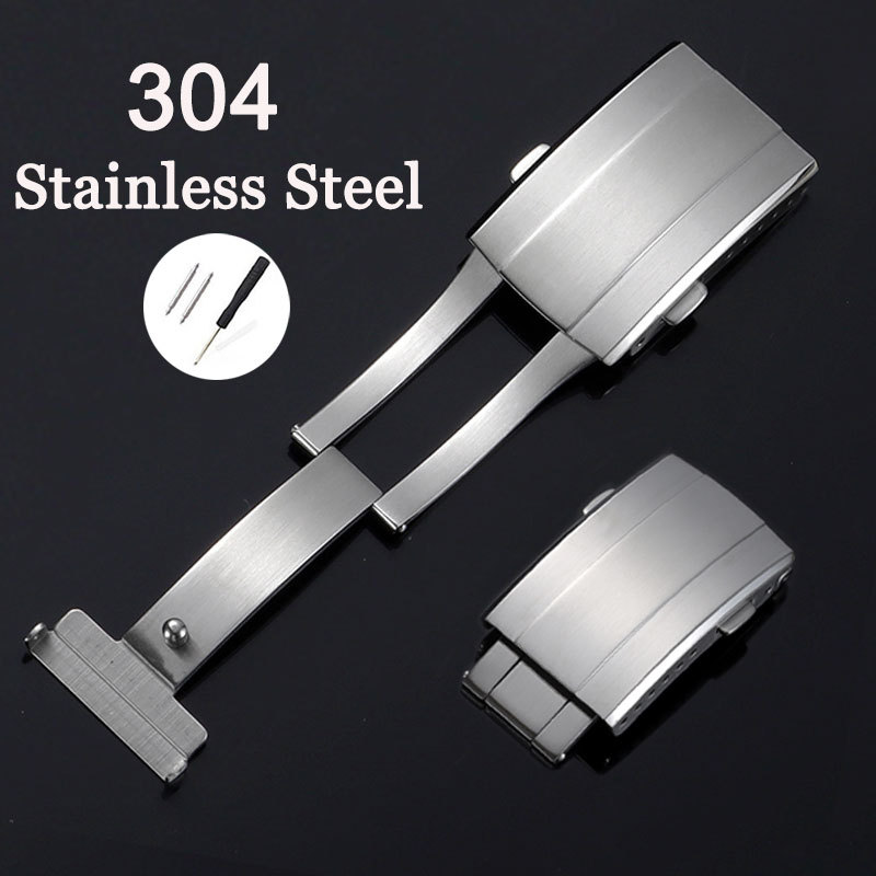 Pulseira De Relógio Com Fivela Dobrável De Pressão Dupla 18mm 20mm 304 De Aço Inoxidável Fecho De Implantação Botão De M