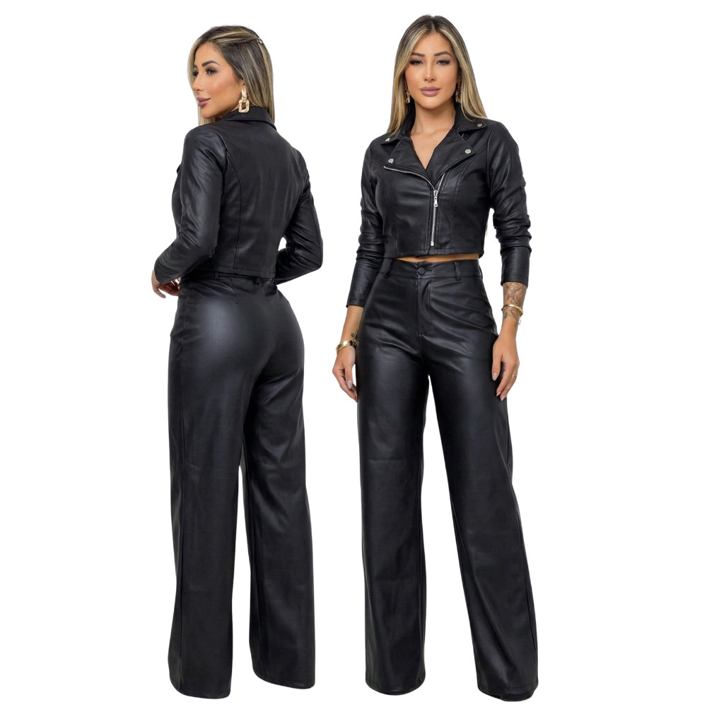 Calça Feminina Couro Fake Wide Leg Pantalona Cintura Alta Modeladora Premium Luxo Blogueira em Oferta na Shopee