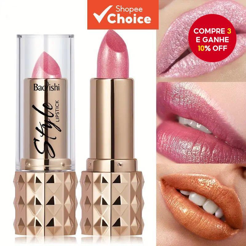 Baolishi batom brilhante perolado, disponível em várias cores, com tubo de diamante dourado, maquiagem labial vibrante em Oferta na Shopee
