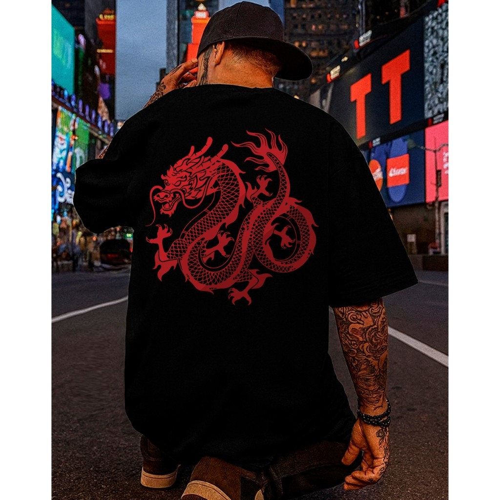 Camiseta, Over Camiseta Streetwear Masculina Oversized Dragão Vermelho Estampada Algodão Penteado Premium Plus Size Stre