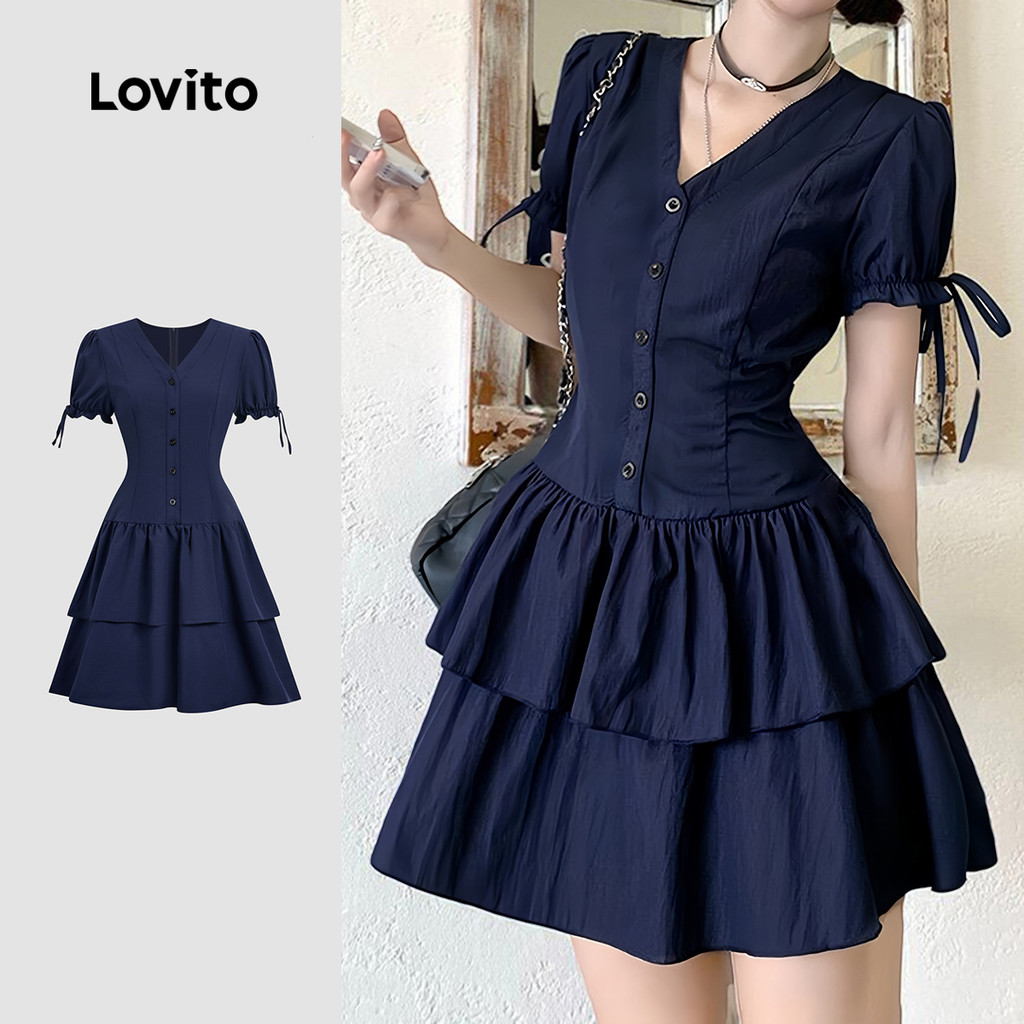 (Casual) Lovito Vestido com Renda Botões e Camadas em Azul Marinho para Mulheres