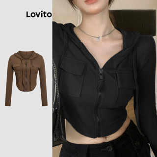 Lovito Camiseta Casual Com Zíper Liso Na Frente Para Mulheres LNE29373 (Marrom) em Oferta na Shopee