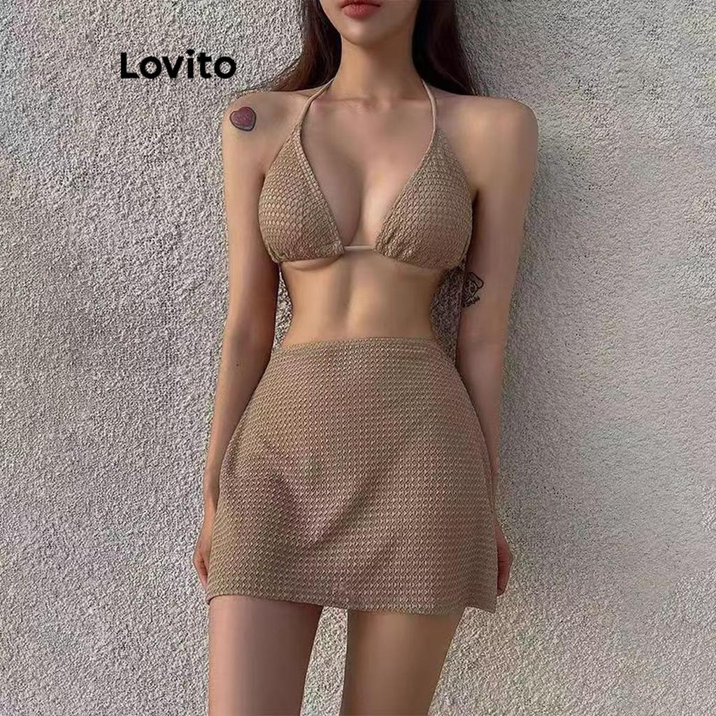 Lovito Conjuntos De Biquíni Sexy Com Amarração Lisa Nas Costas Para Mulheres LNM67026