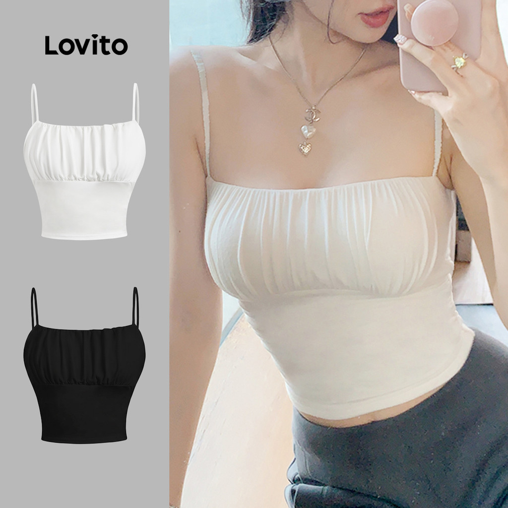 Lovito Top Casual Liso Franzido Verão/primavera Regata Para Mulheres L129ED544 em Oferta na Shopee
