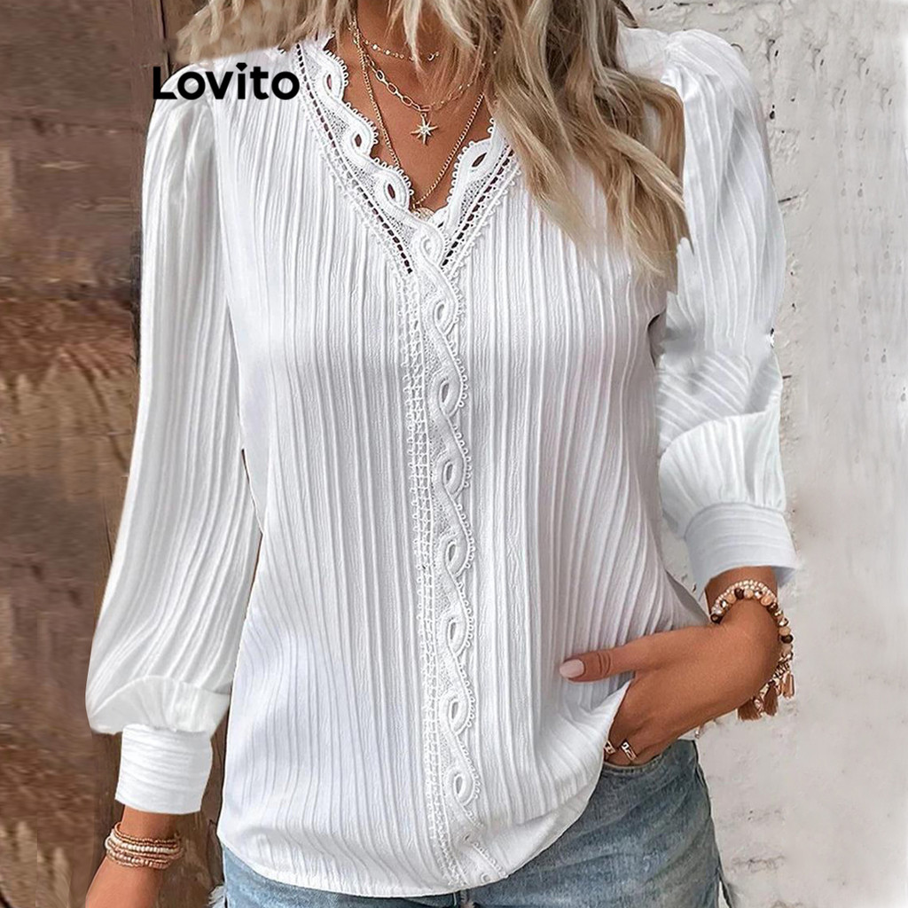 Lovito Blusa Casual Blusa De Renda Lisa Para Mulheres LNL51014 em Oferta na Shopee