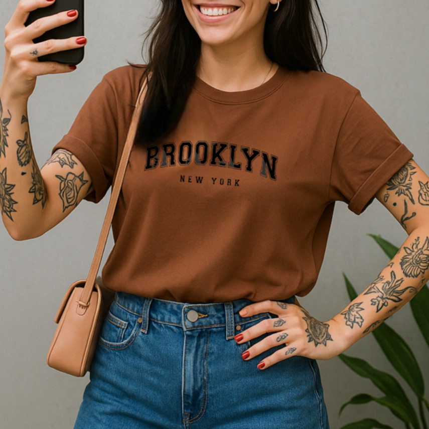 Camiseta Estampada Feminina Brooklyn Blusinha Algodão Confortável Estilosa