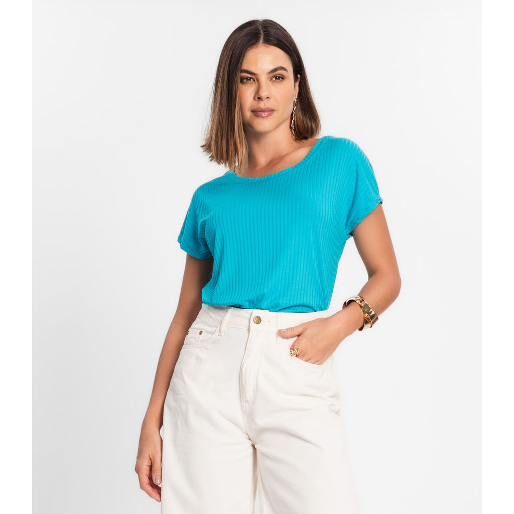 Blusa Feminina Ribana Canelada Básica Rovitex Azul