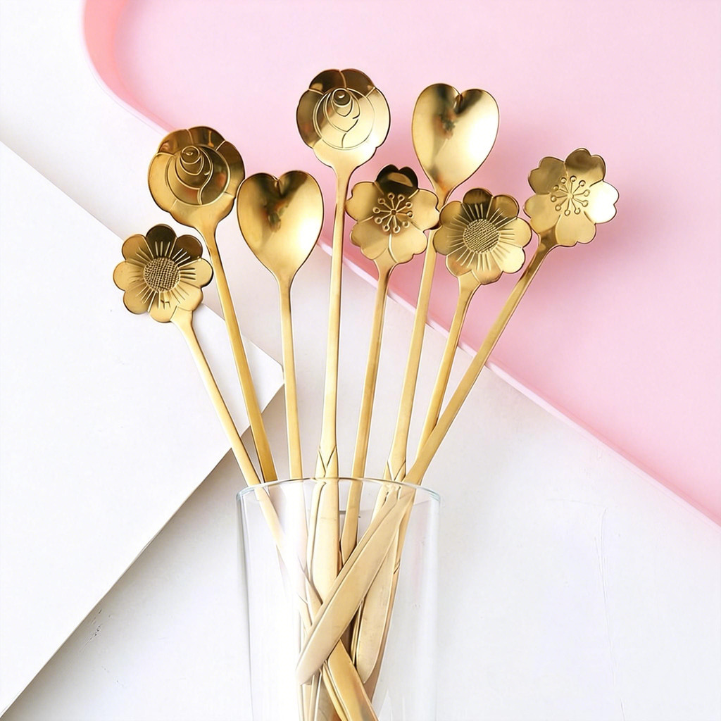 Colheres de Café e Sobremesa Douradas Premium:Estilo para Sua Mesa Rosas Coração e Flor de Cerejeira