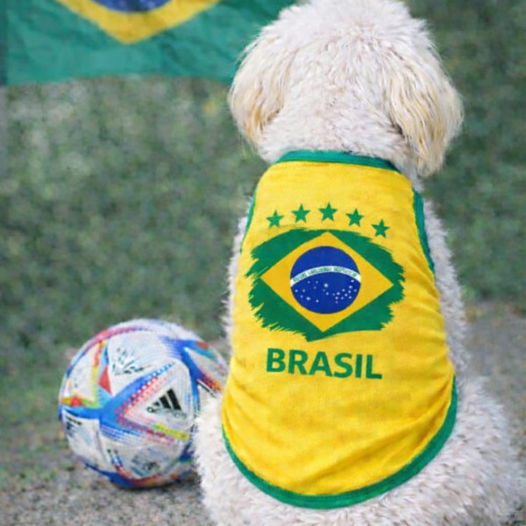 Roupa do Brasil para Pet Cachorro Gato Camisa Regata Futebol Time Copa do Mundo Amarela Confortável