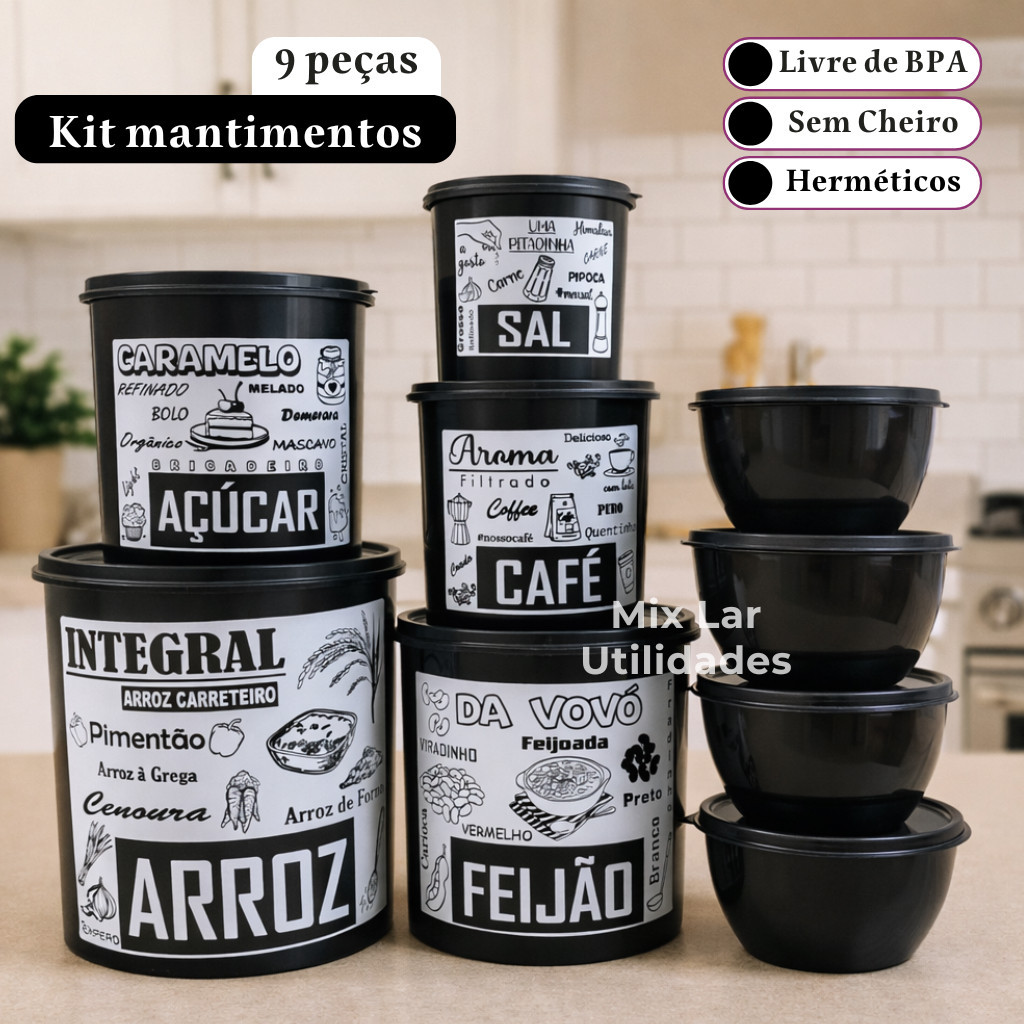 Kit potes para mantimentos de cozinha com 9 peças de plástico decorado
