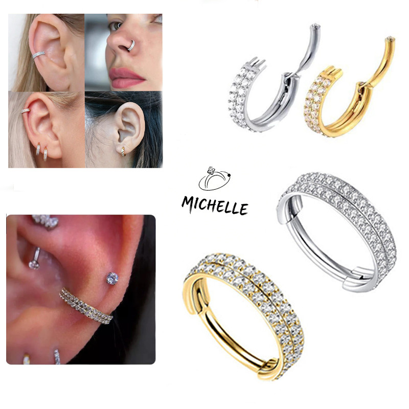 Camada dupla Piercing Titânio Argola Articulada- Cravejado Zircônias Torção Nariz Conch Helix Cartilagem Brinco