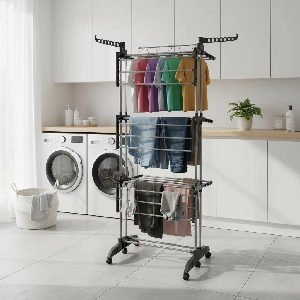 Varal chao dobravel cabideiro ganchos estender roupas camisa calca toalha aluminio apartamento de achadinhoss