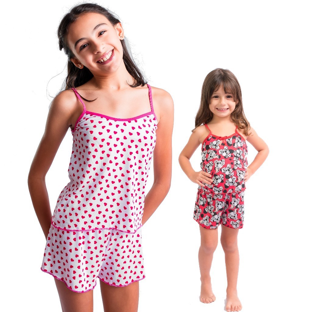 Conjunto Infantil Baby Doll Short Doll Estampado Sem Bojo Pijama Feminino Menina Criança Premium