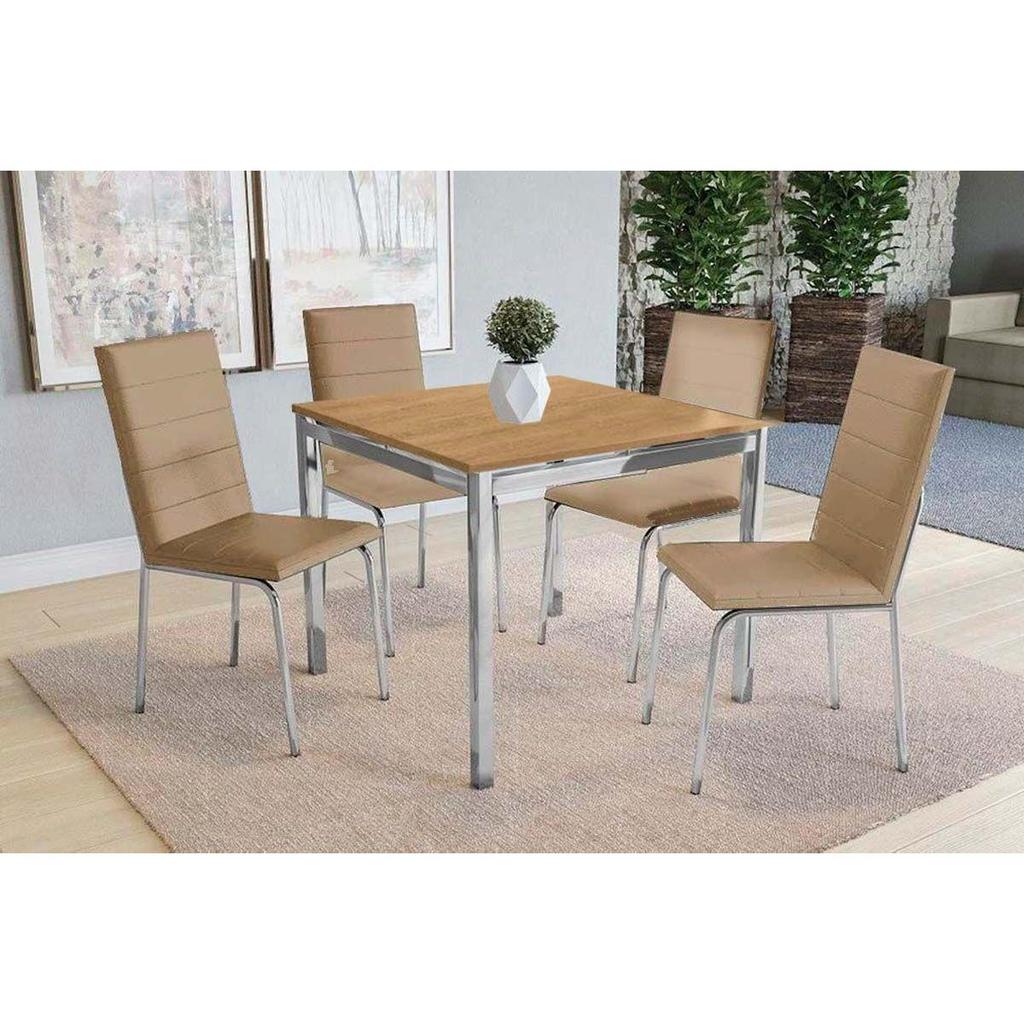 Sala de Jantar Completa Reno c/ Tampo de Madeira 90cm e 4 Cadeiras Amsterdã Cromada/Capuccino - Kappesberg