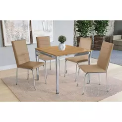 Sala de Jantar Completa Reno c/ Tampo de Madeira 90cm e 4 Cadeiras Amsterdã Cromada/Capuccino - Kappesberg