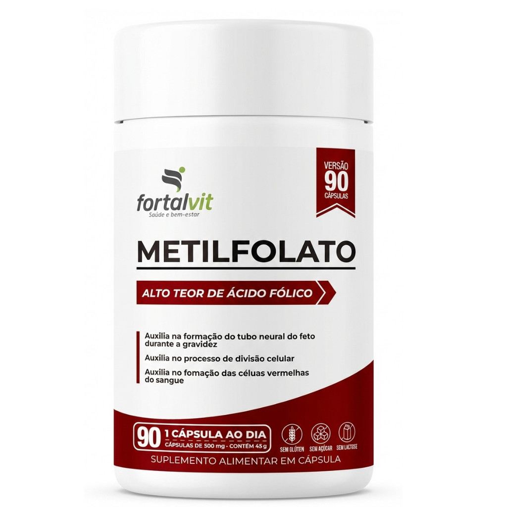 Metilfolato ácido fólico (B9), Alto Teor e Biodisponibilidade (284%VD), 90 Cápsulas, 3 Meses de Uso, Fortalvit
