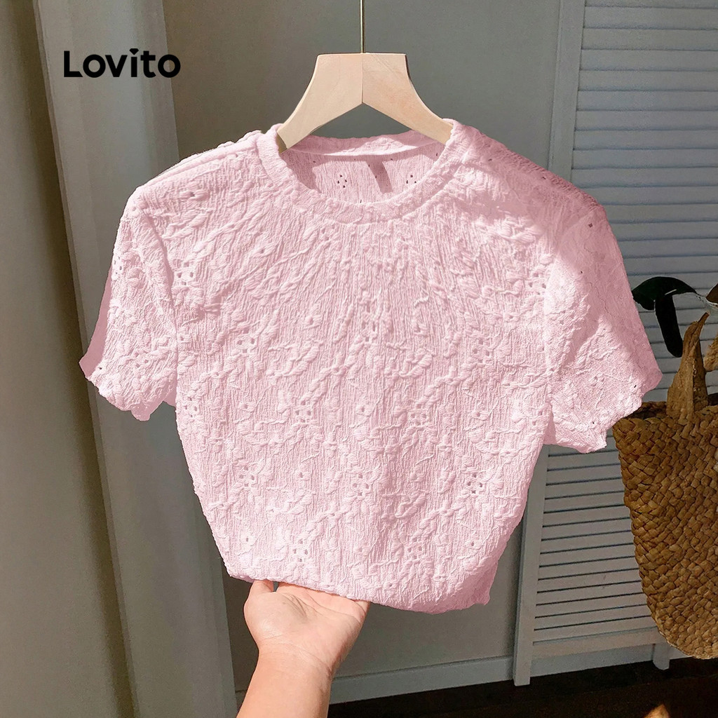 Lovito Casual T-shirt Simples Lazer Primavera/verão Camiseta Rosa para mulheres L178ED801