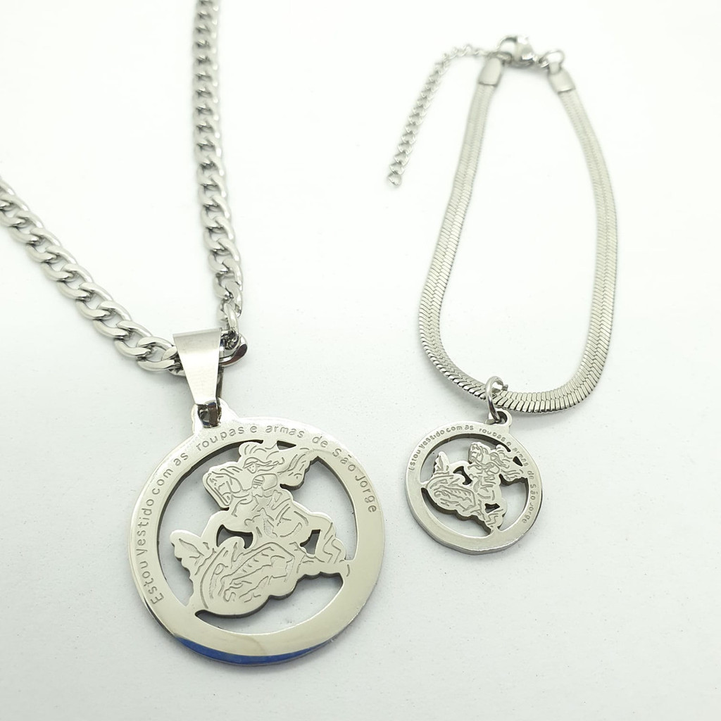 Conjunto Colar E Pulseira São Jorge Guerreiro Com Pingente  Aço Inox 316L Presente Fé Não escurece