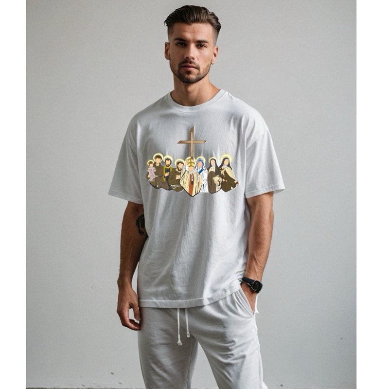 Camiseta Unissex em Algodão Oversized Estampa Católica São João Paulo Santa Teresinha São Francisco São José Santo Antôn