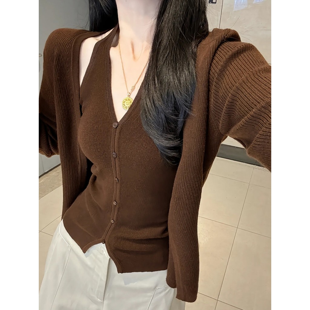 Estilo preguiçoso Cardigan de manga comprida malhas feminino outono estilo ocidental redução de idade Halter camisola ex
