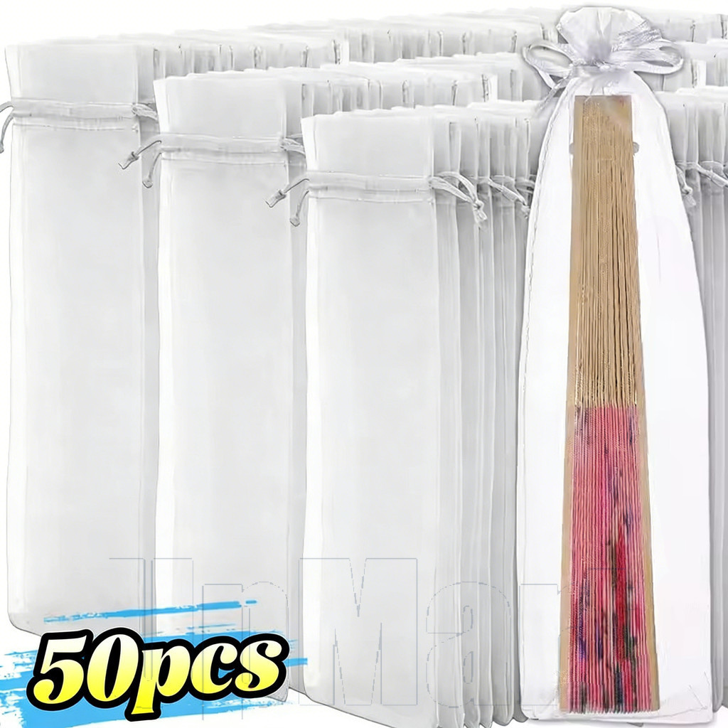 10/20/30/40/50 Pacotes De Sacos De Organza Com Cordão , Bolsa Dobrável Para Ventilador De Mão , Saco De Embalagem De Fes