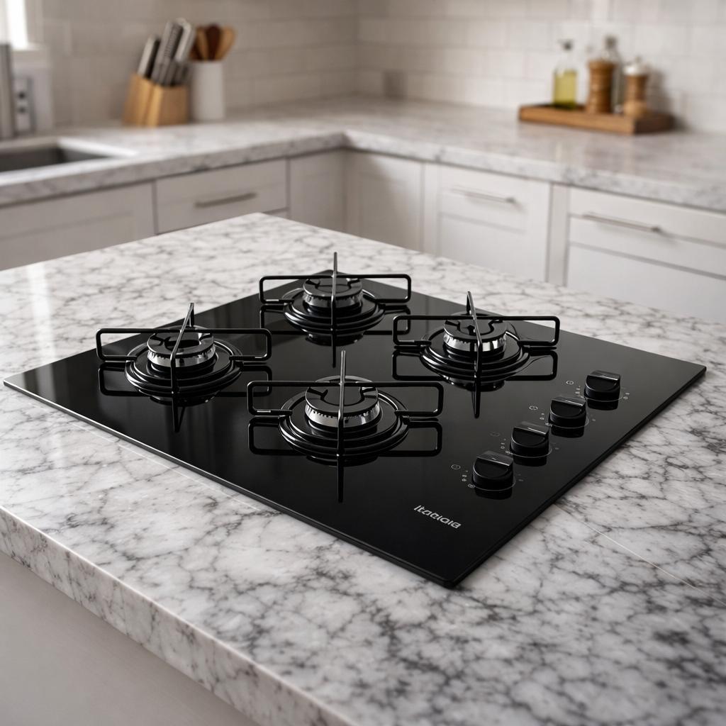 Cooktop Itatiaia 4 bocas com mesa de vidro preto e botões frontais instalado em uma bancada de mármore branco