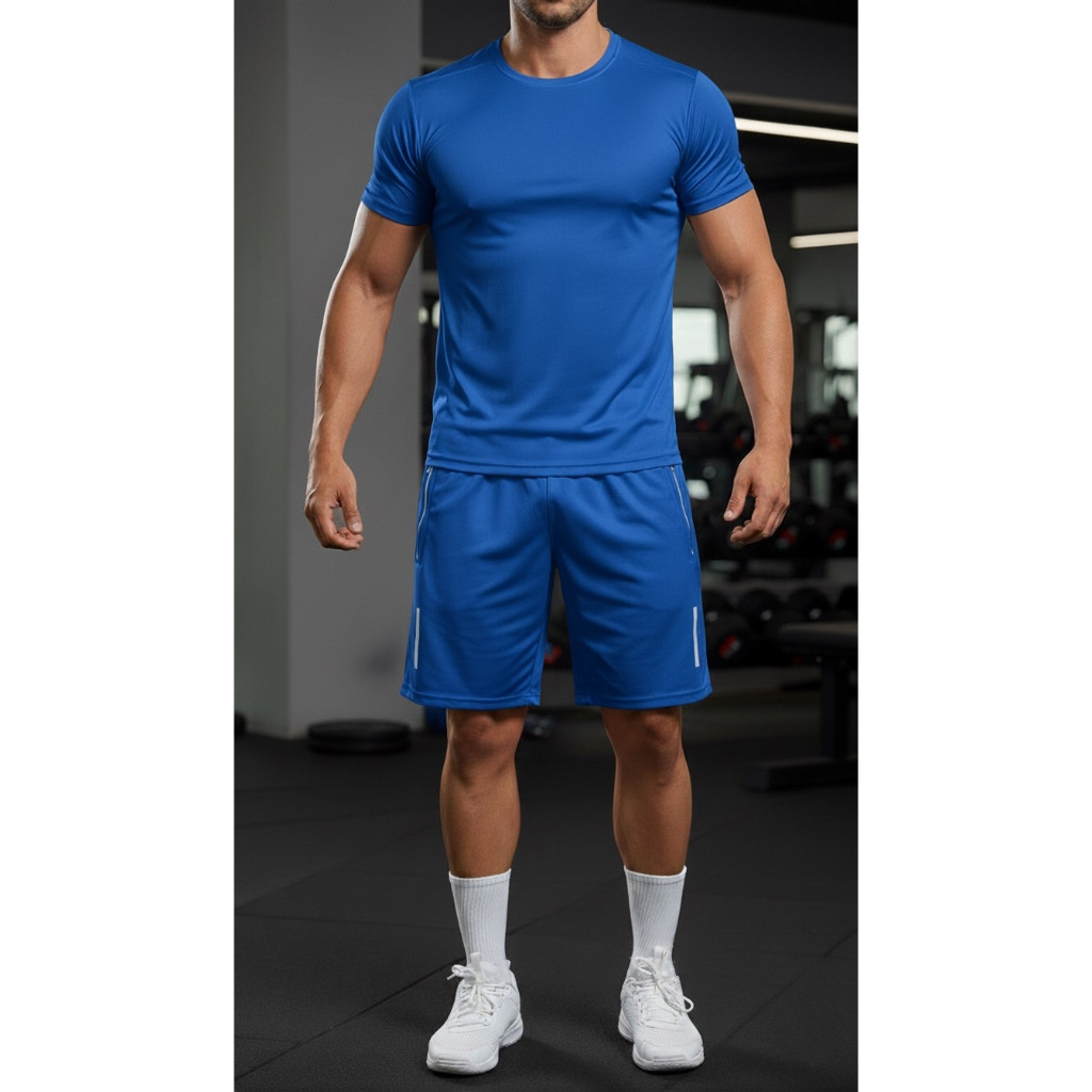 Conjunto Masculino Azul Camiseta e Bermuda Básicas - Ultra Leve e Confortáveis Para Qualquer Ocasião