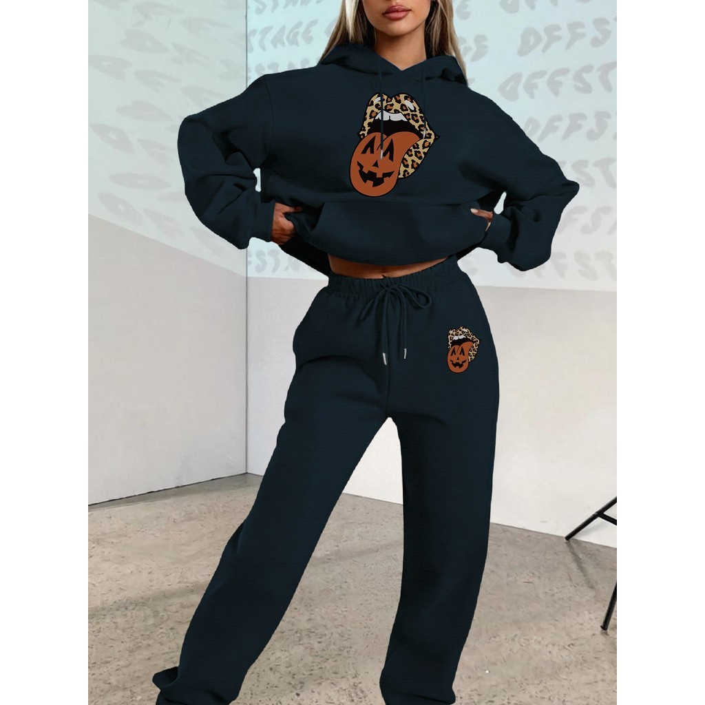 Novo Conjunto de Outono/Inverno 2025, Estampa Leopardo Abóbora com Moletom Casual Solto e Calça Jogger