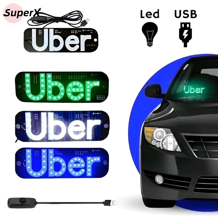 Placa Uber Letreiro para Carro Iluminação 3 Cores com Ventosa Para-Brisa Led USB Com Botão Liga/desliga