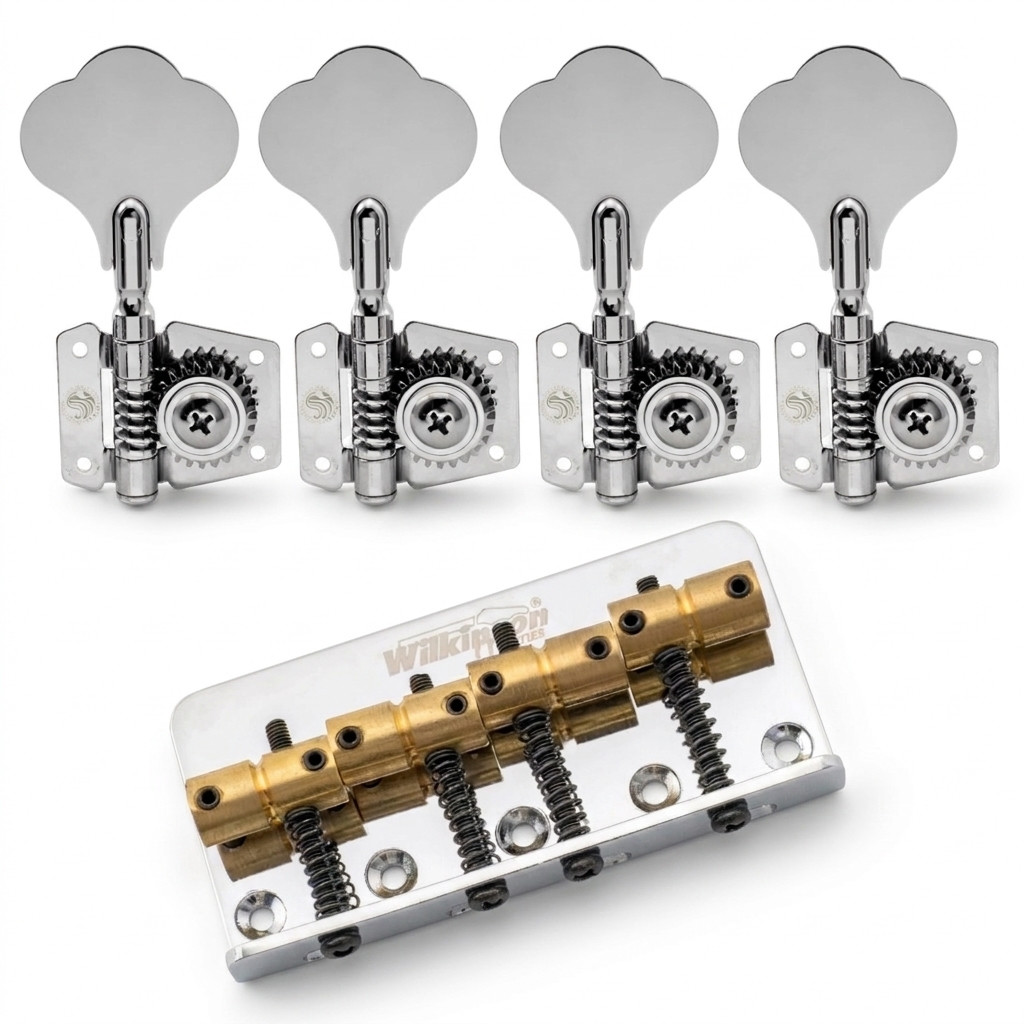 Kit Para Contra Baixo Jazz Bass Com Ponte Wilkinson Vintage Saddle em Latão + Jogo Tarraxas Em Linha